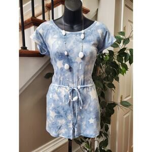 Promesa Women's Blue Tie Dye Polyester Short Sleeve Round Neck Romper Small